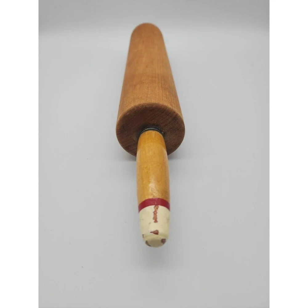 Vintage Wooden Rolling Pin Painted Red & Cream Tips of Wood Handles 18